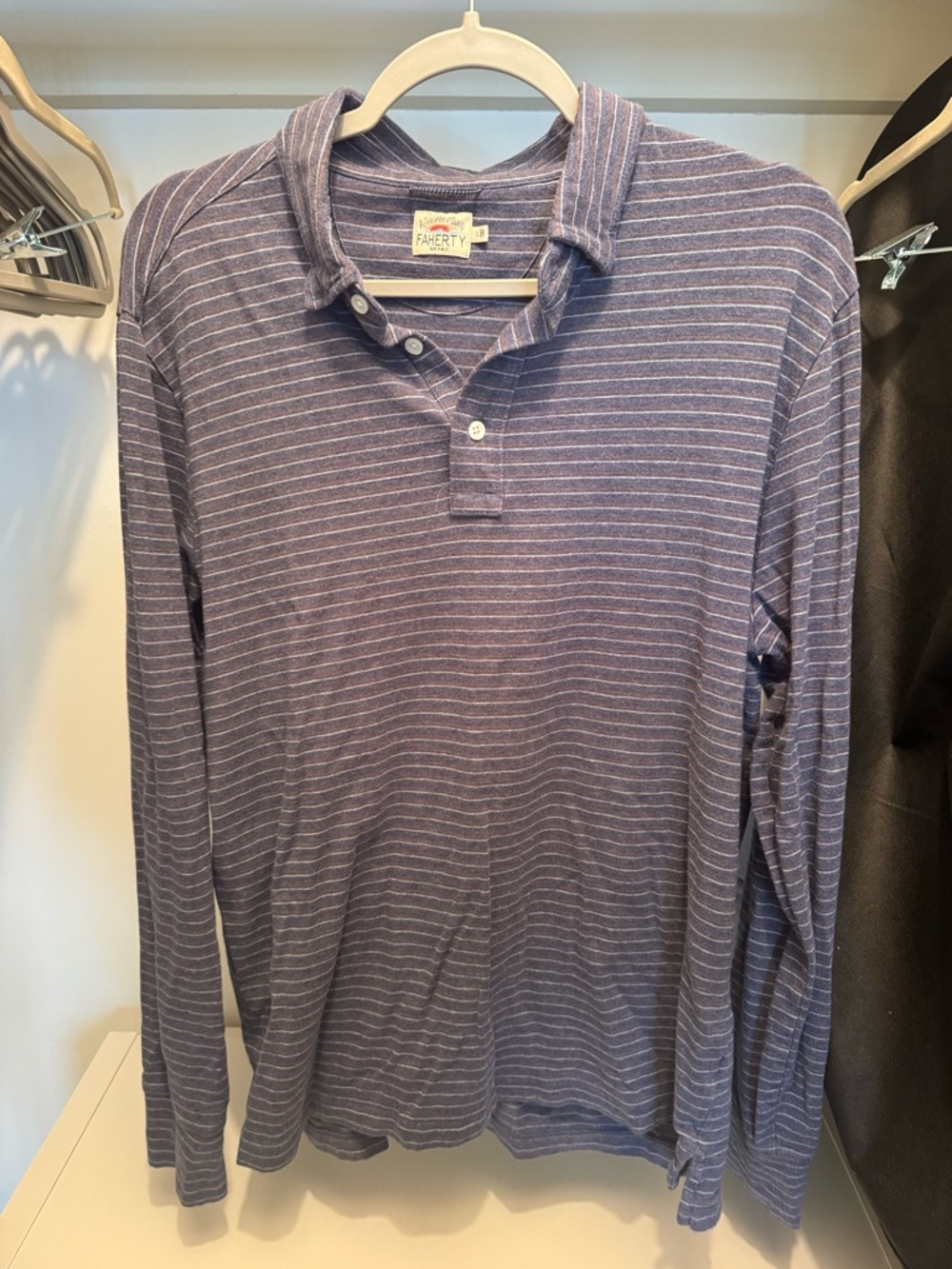 Faherty Long-Sleeve Striped Polo in Heathered Blue